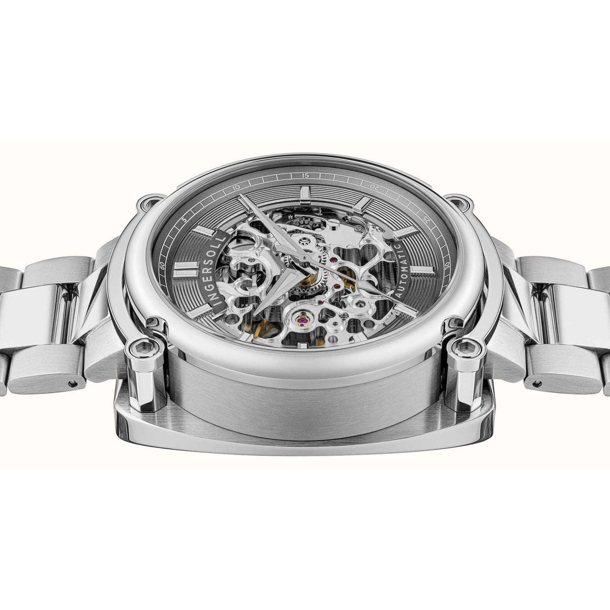 Men's automatic watch back with exposed mechanical movement details, silver stainless steel