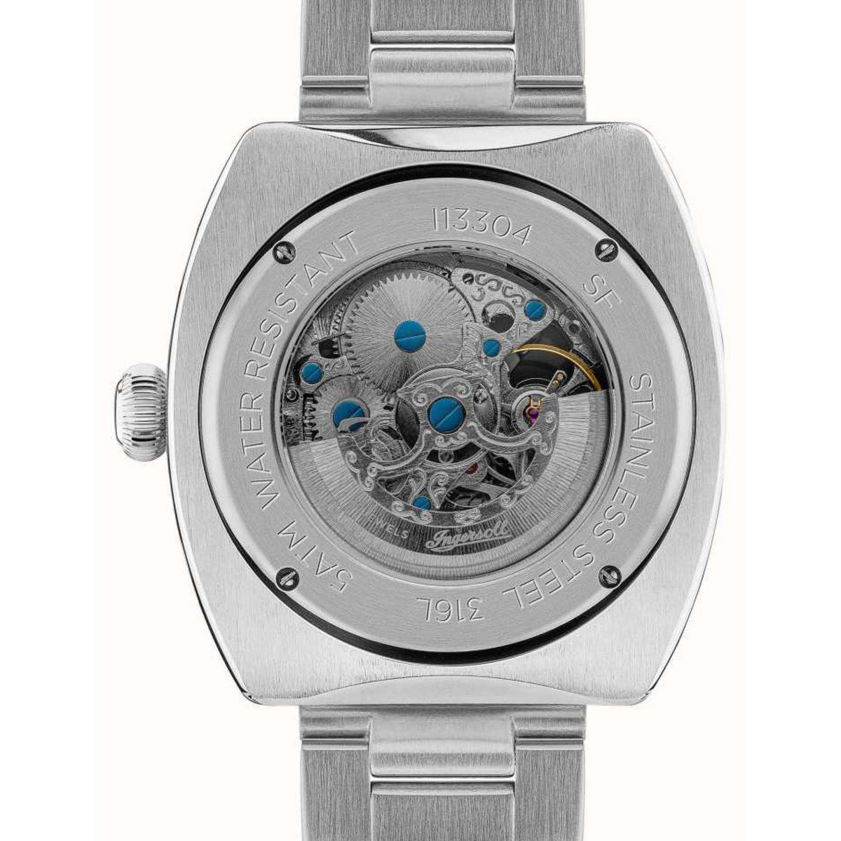 Men's automatic watch case back with engraved text and blue accent movement, silver