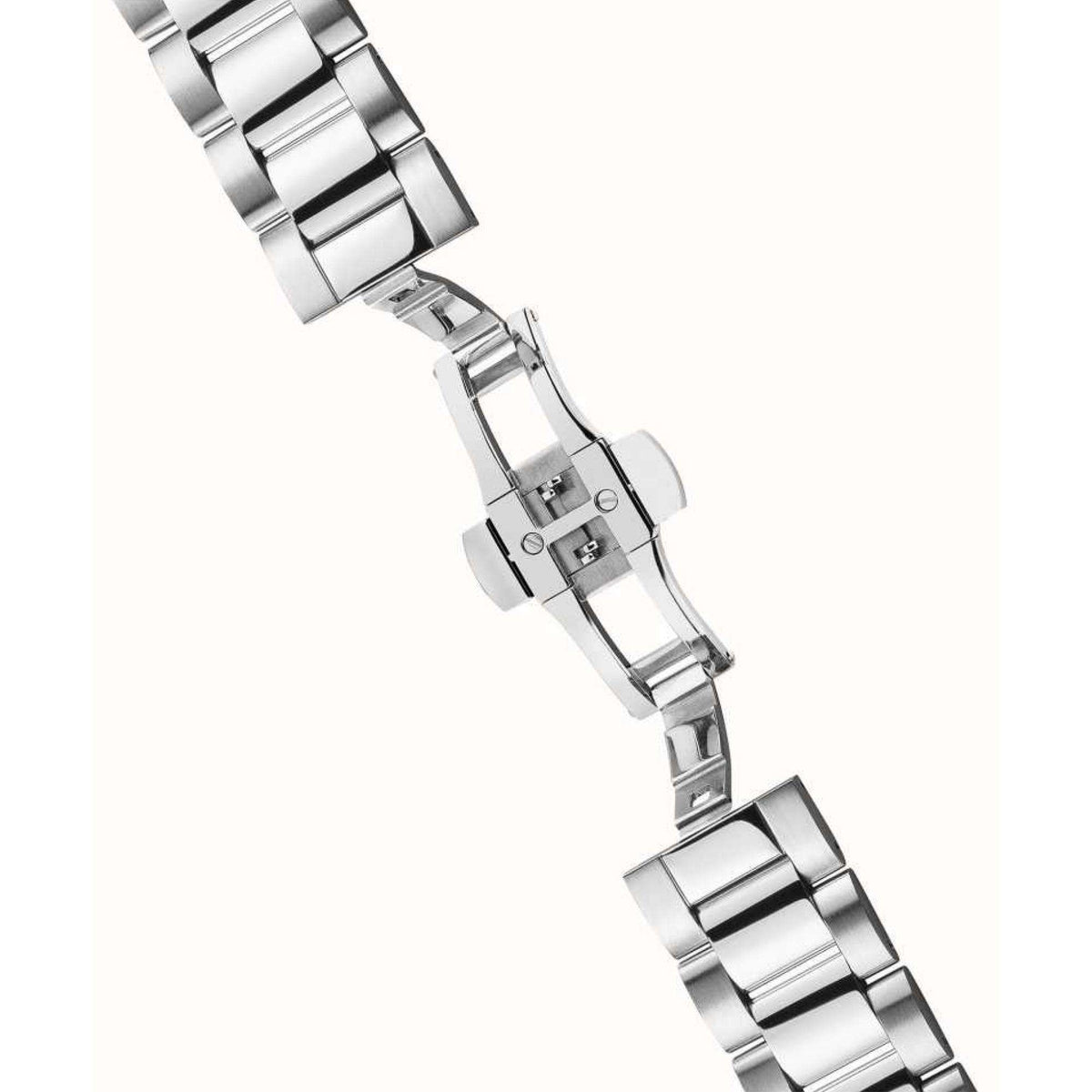 Men's automatic watch stainless steel bracelet with clasp and links, angled side view