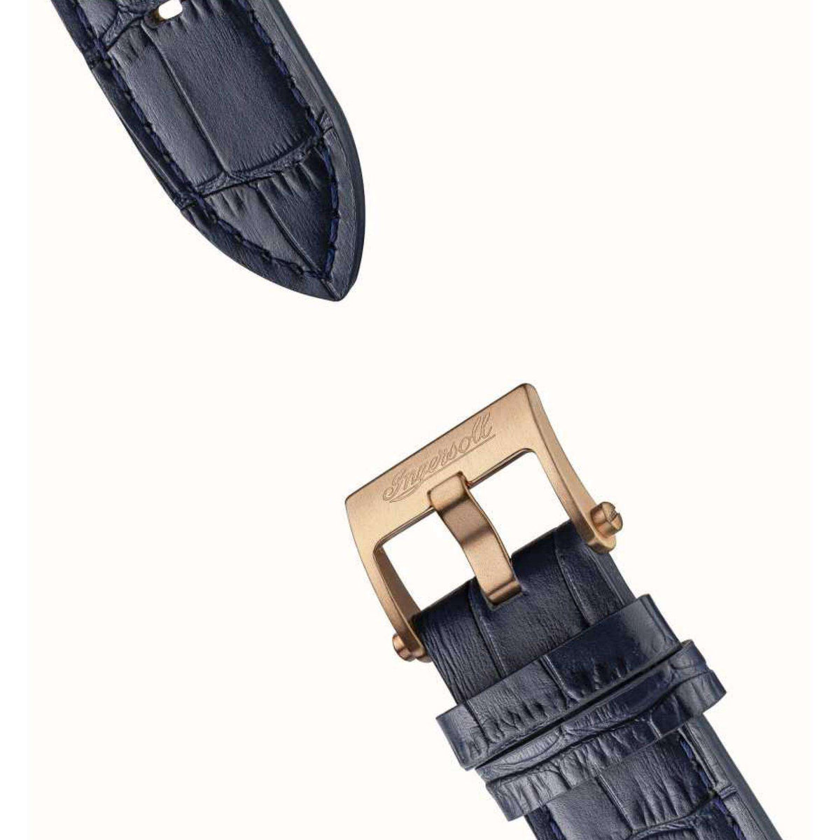 Men's watch strap in dark blue leather with gold-tone buckle and case top