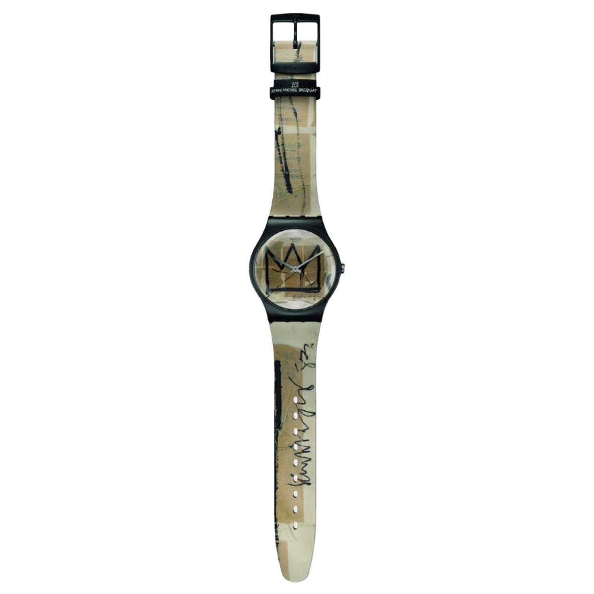 Quartz wristwatch with artistic dial, black case, tan patterned strap and crown.