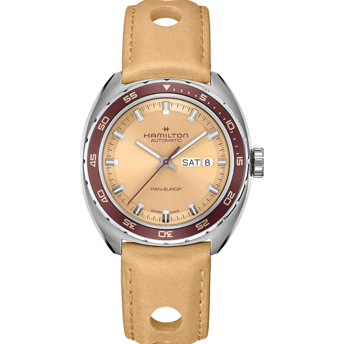 Round men’s automatic watch with beige dial, stainless steel case, and tan leather strap
