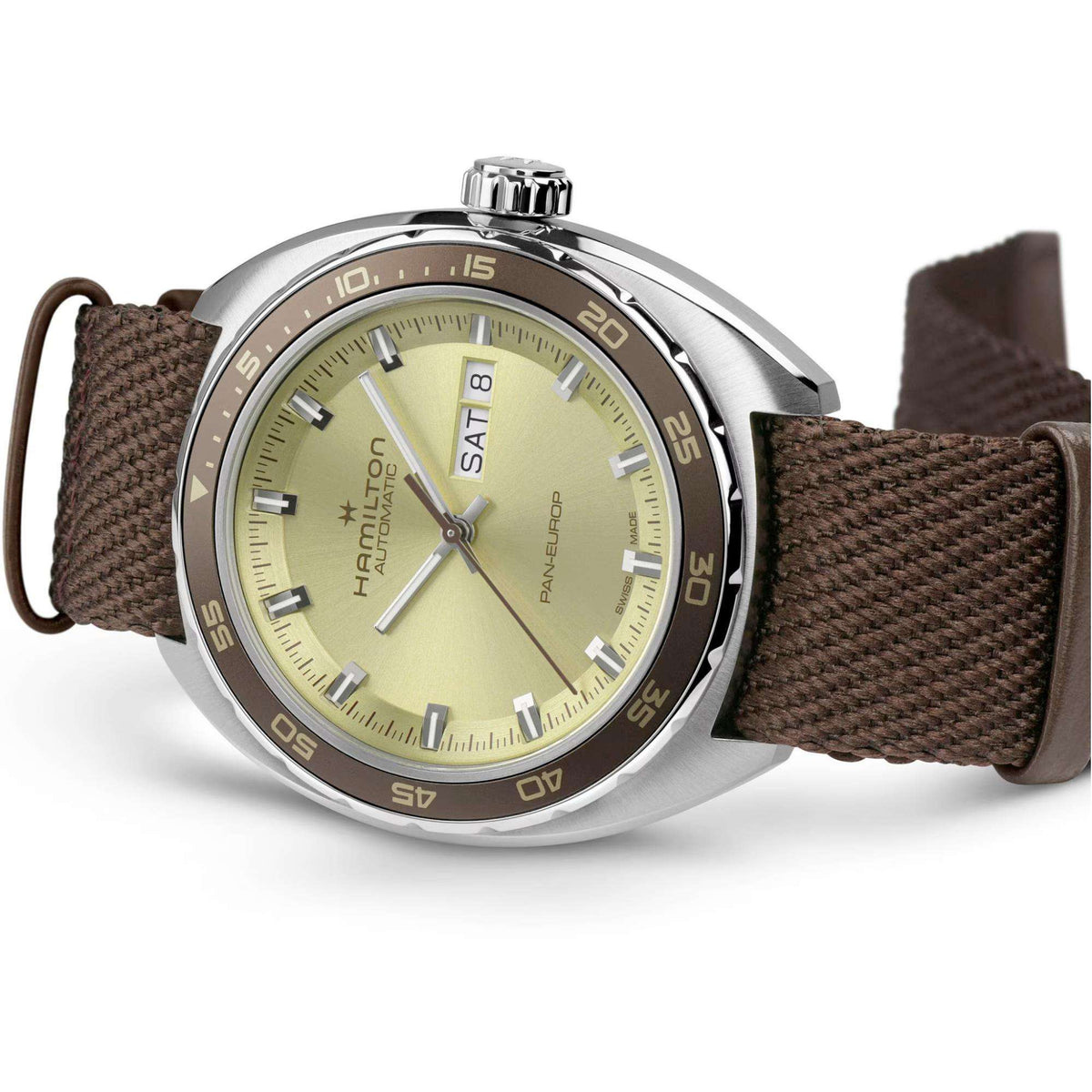 Men's automatic watch with brown woven leather strap, silver case, light green dial
