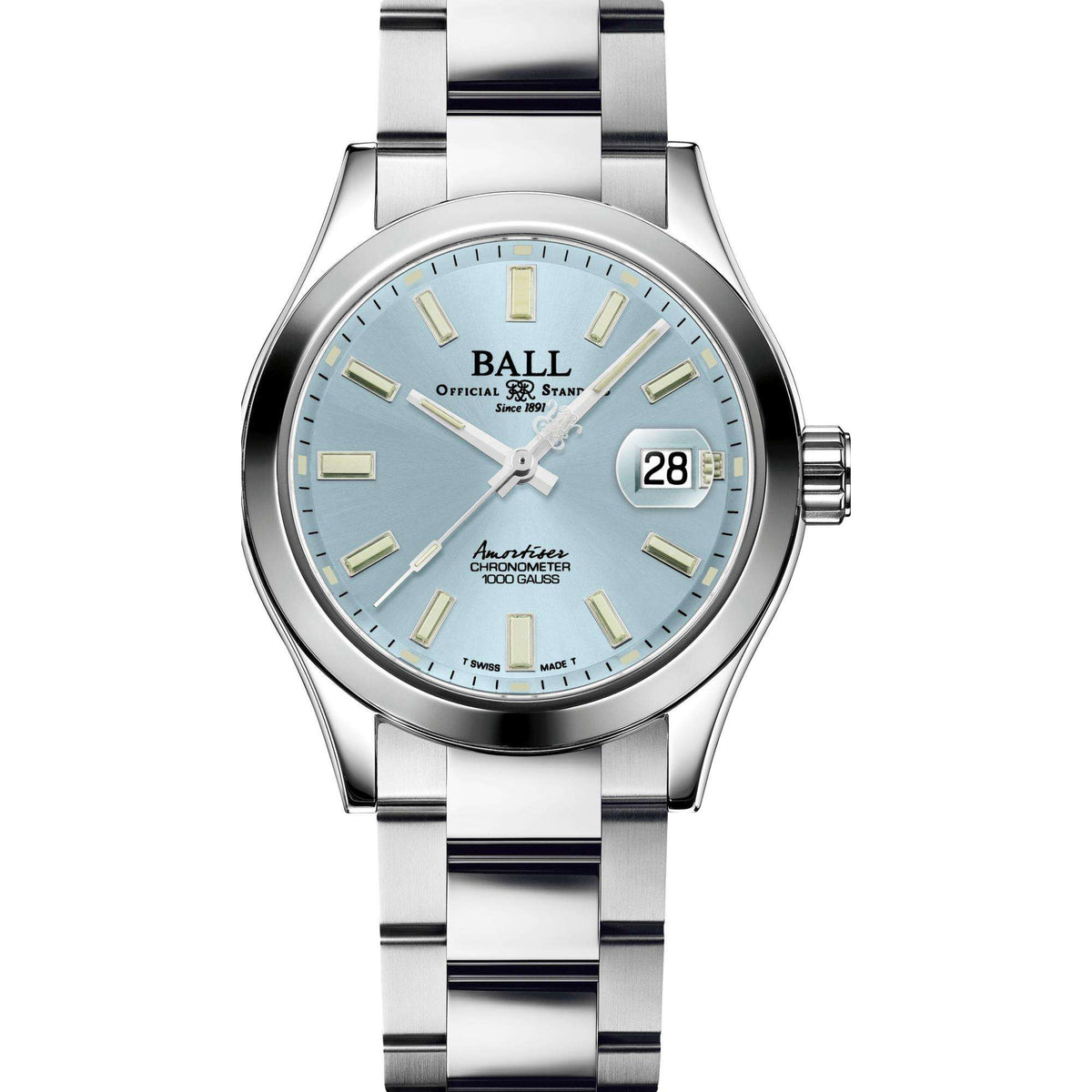 Men's stainless steel automatic watch with ice blue dial, gold markers, date window