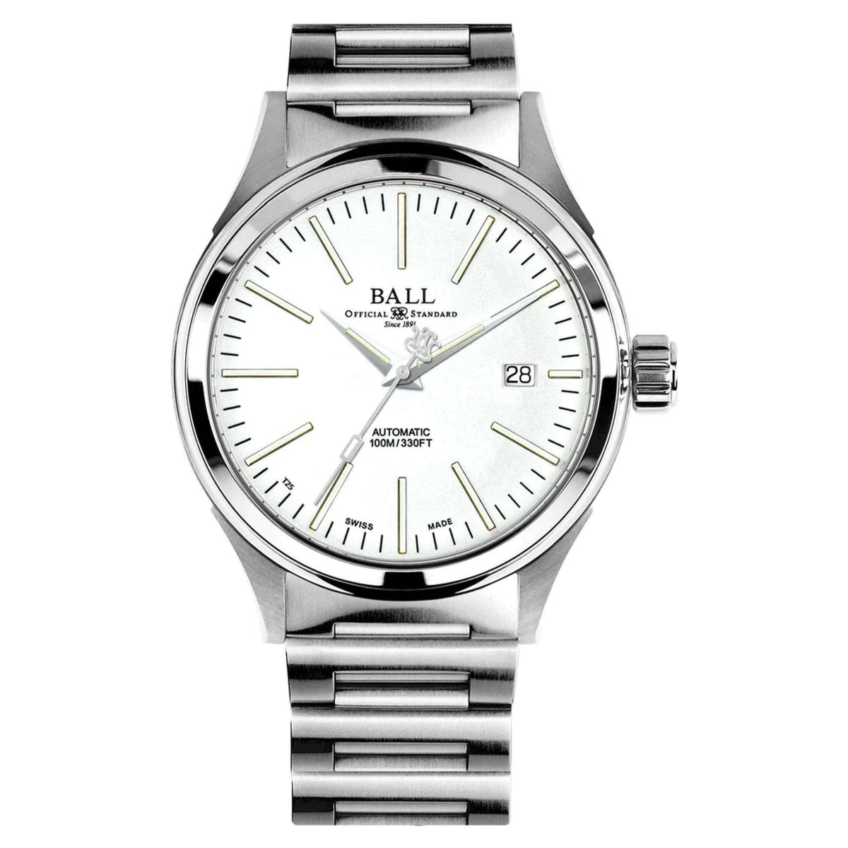 Front view of BALL Fireman 'Enterprise luxury' watch. Features a 40mm stainless steel case, a silver H-link metal bracelet, and a clean white analog dial with a date window at the 3 o'clock position.