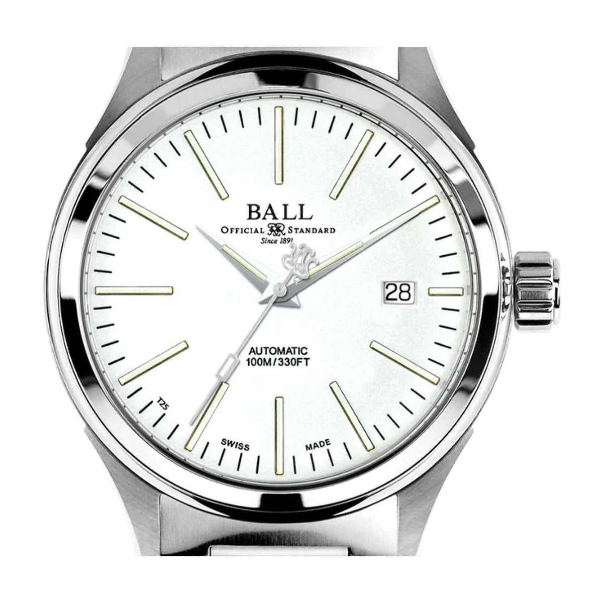 Close-up of a BALL Swiss automatic watch face. The white dial displays polished dauphine hands, a signature RR script seconds counterweight, a date display aperture, and thin rectangular luminescent hour markers