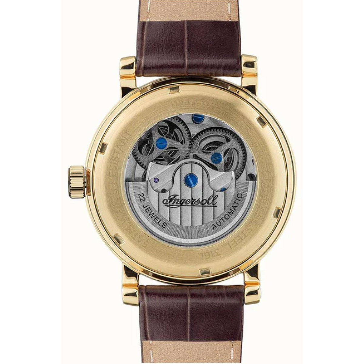 Men's automatic watch back view with visible movement and brown leather strap