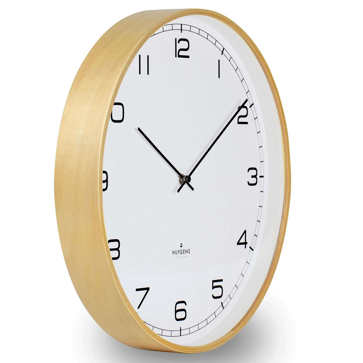 Wall clock with white dial, black Arabic numerals, and wood-toned frame