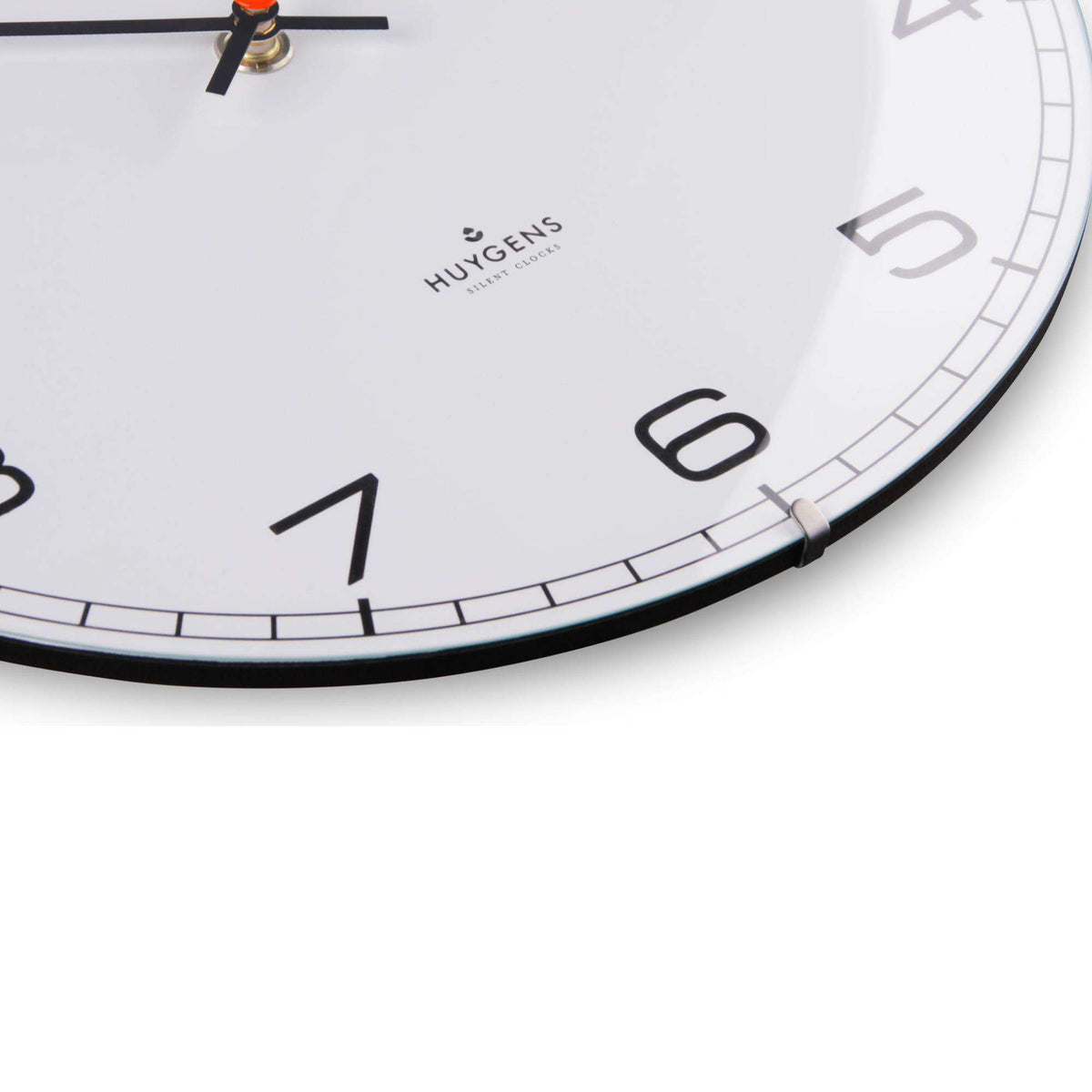 Close-up of clock bezel with minute track and large black numerals on a white face