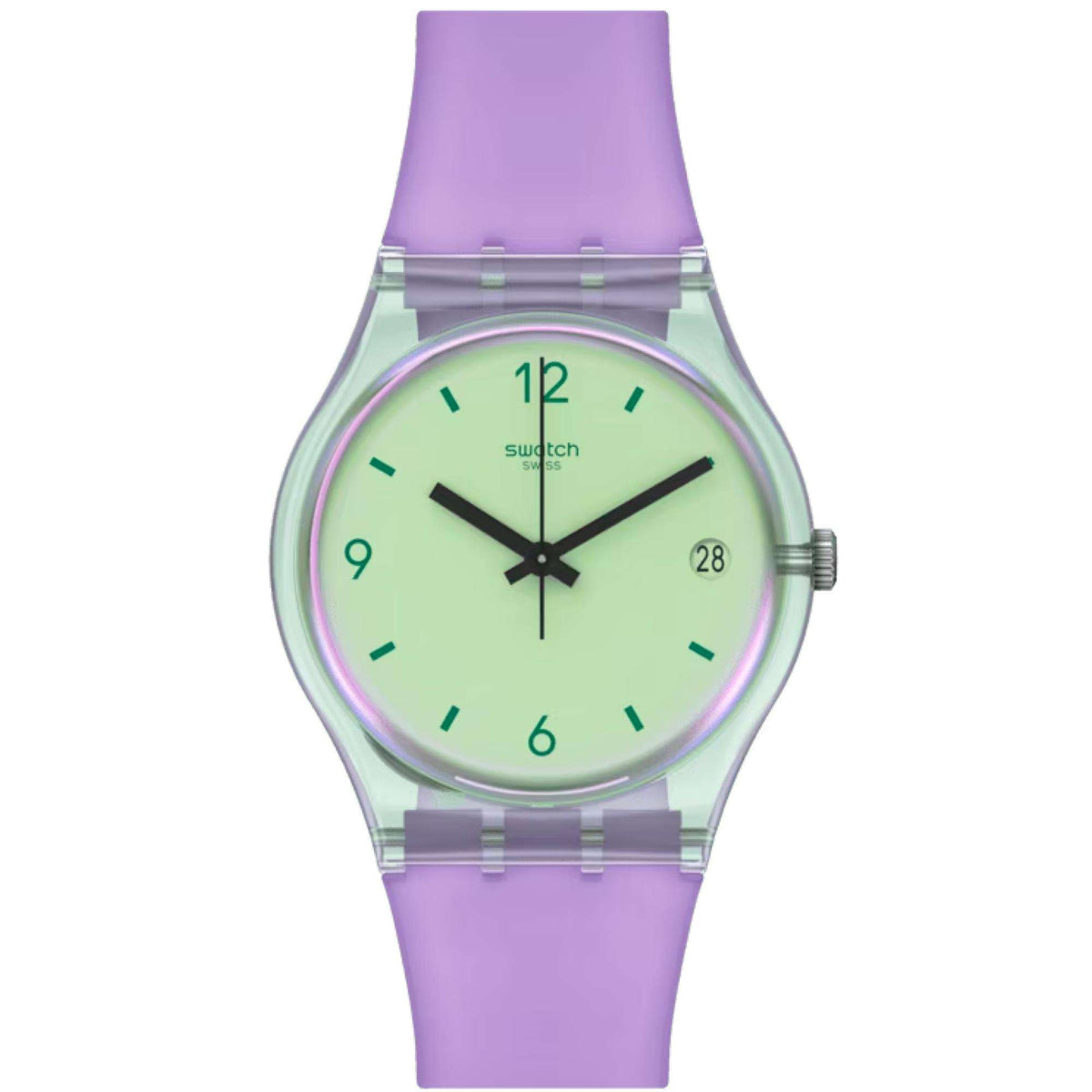 Quartz wristwatch with mint green dial, black hands, and purple silicone strap
