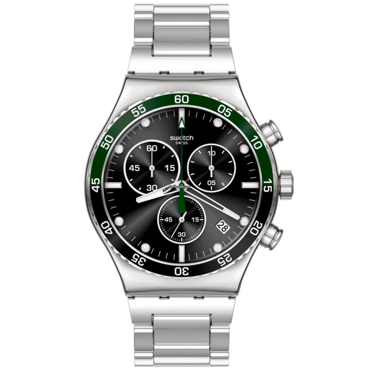 Stainless steel wristwatch with dark dial, green bezel, and three chronograph subdials