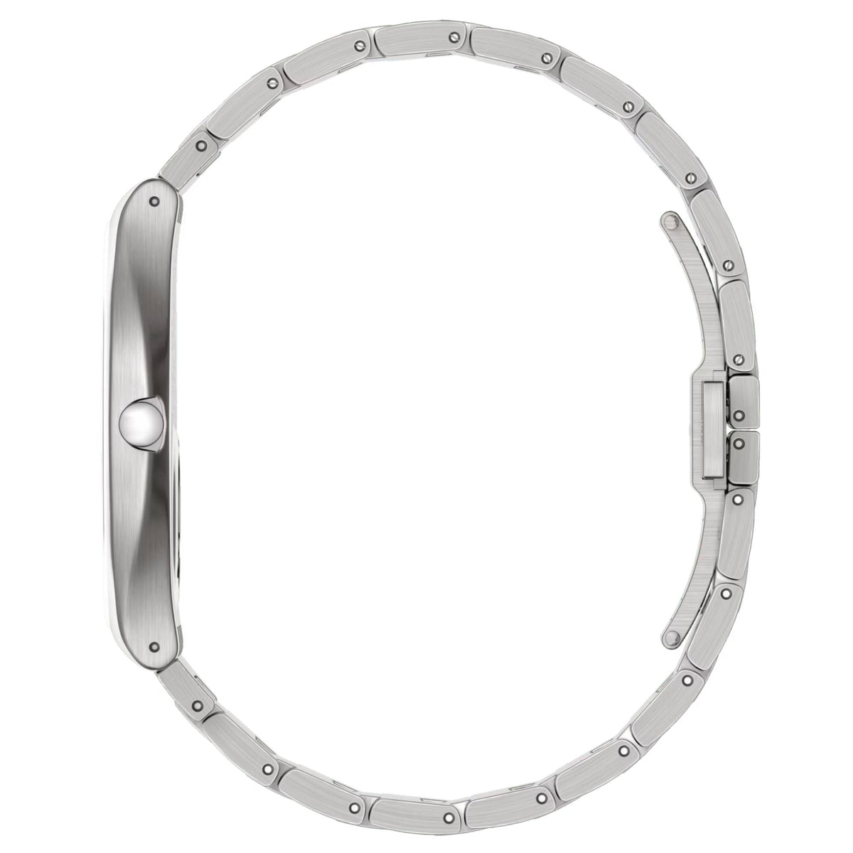 Swatch stainless steel quartz watch case with link bracelet, round silver bezel