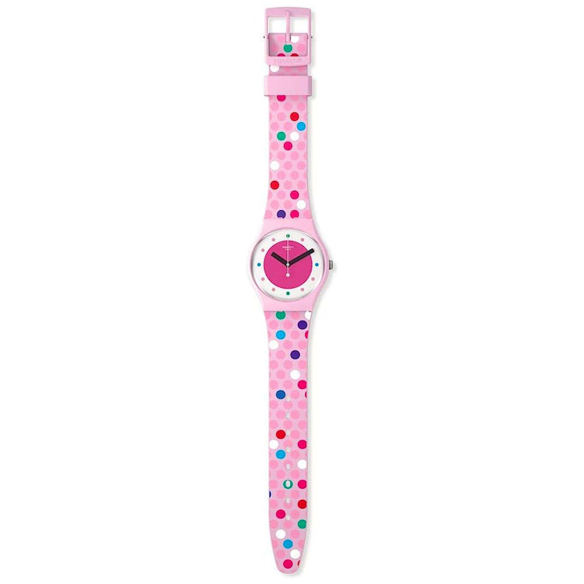 Pink bubble-pattern ladies Swatch watch shown from side with rectangular clasp