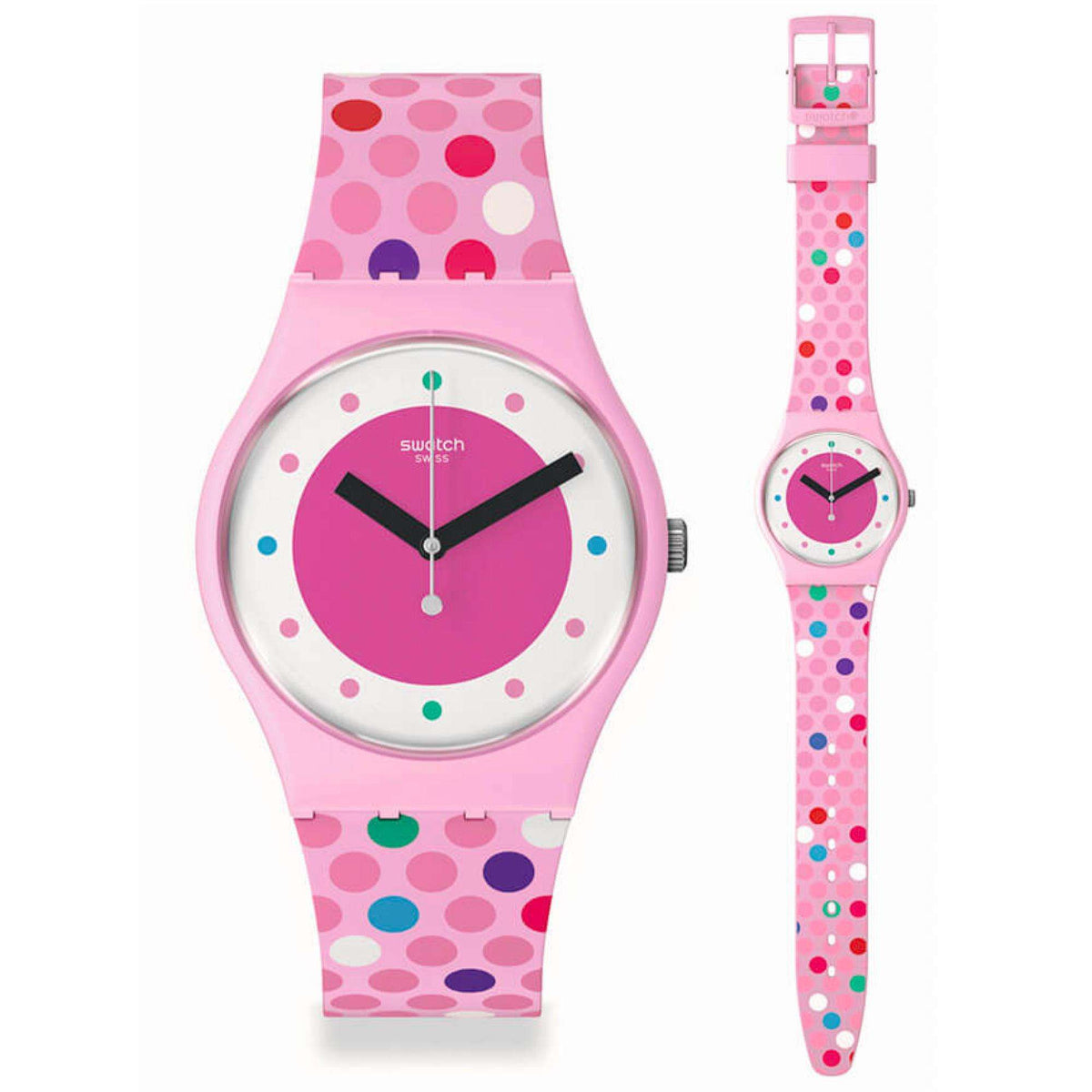 Pink Swatch ladies quartz watch with bubble dial, matching strap, and round silver bezel