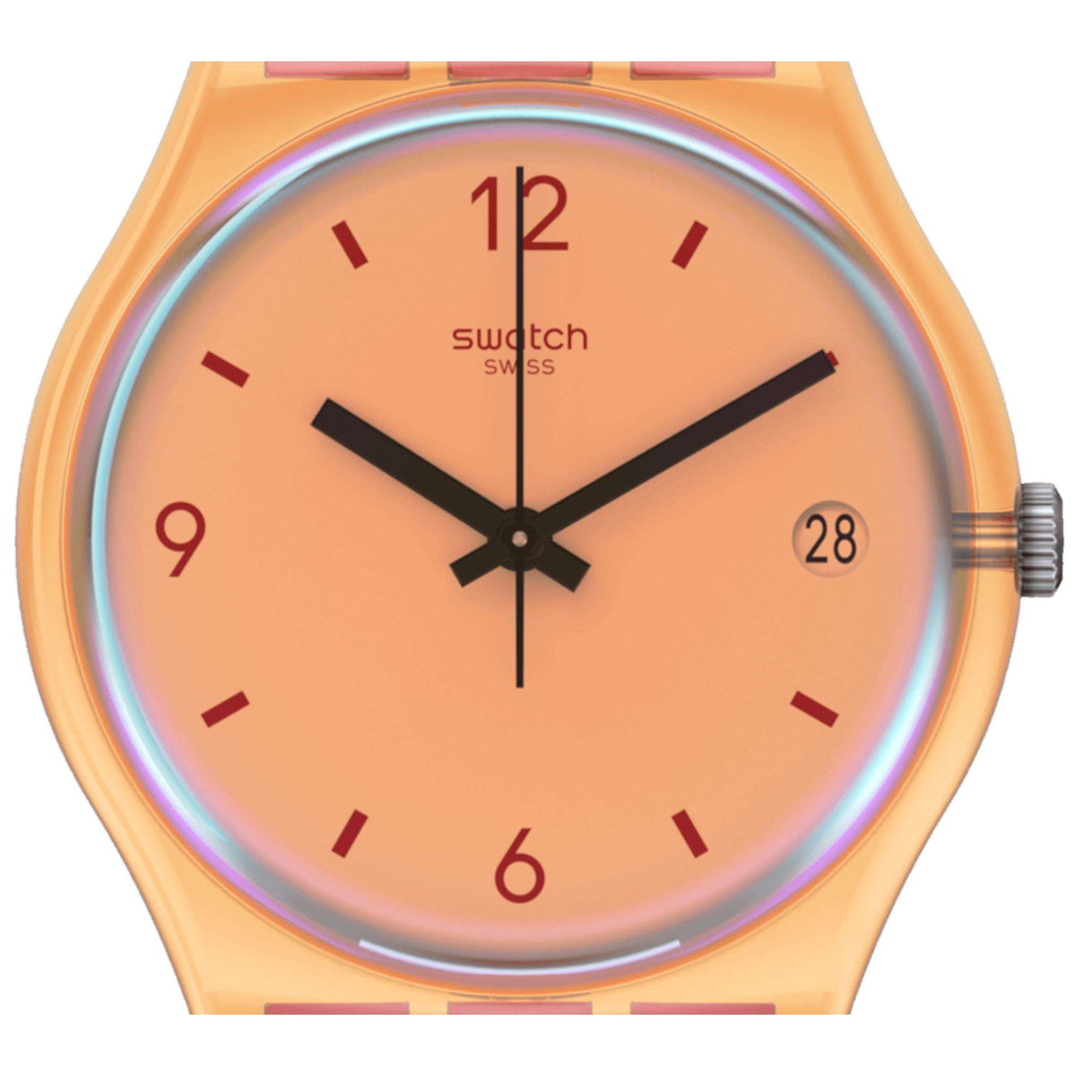 Swatch quartz ladies strap watch close-up: peach dial with black hands and 28 date