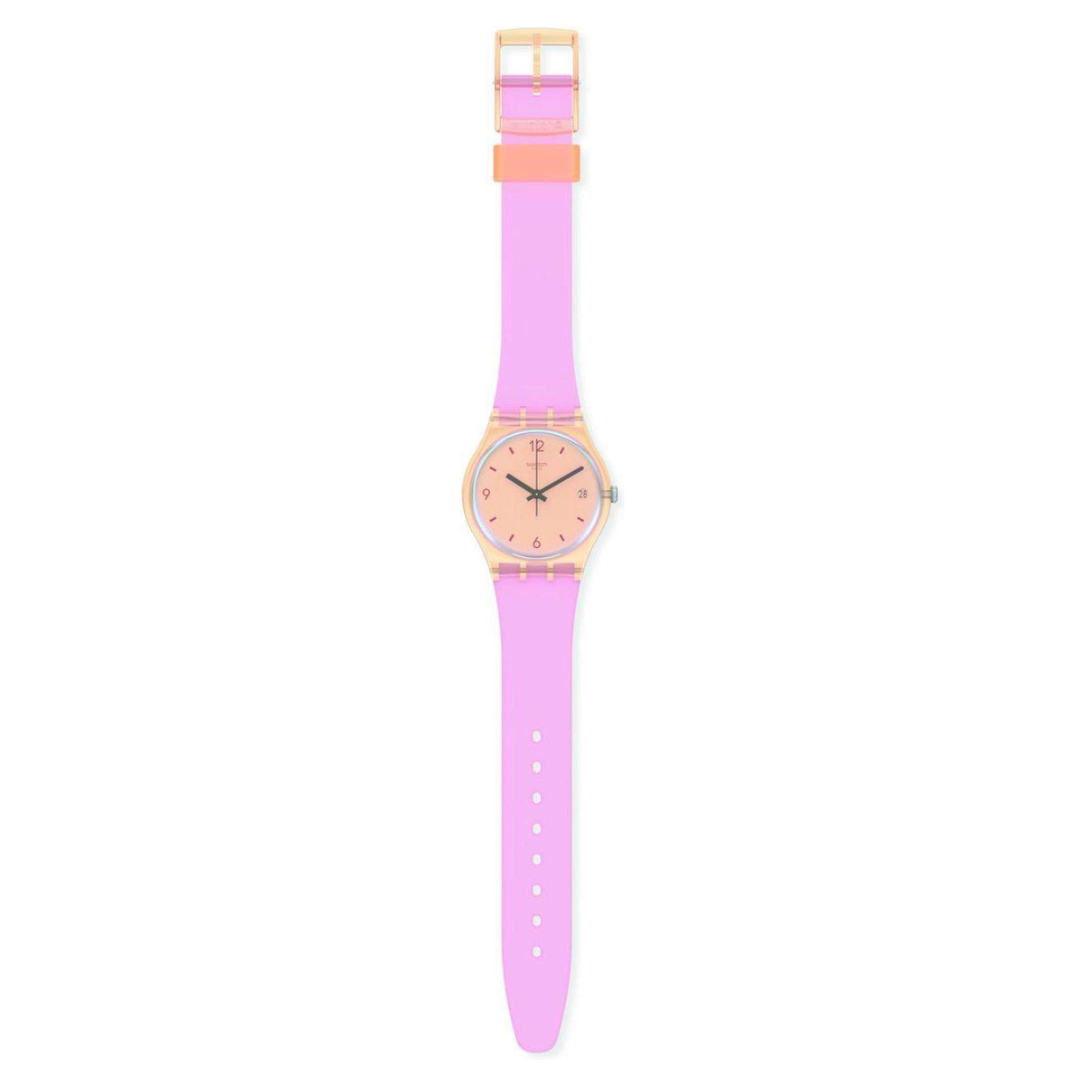 Swatch quartz ladies strap watch on pink strap, round gold case, peach dial and date