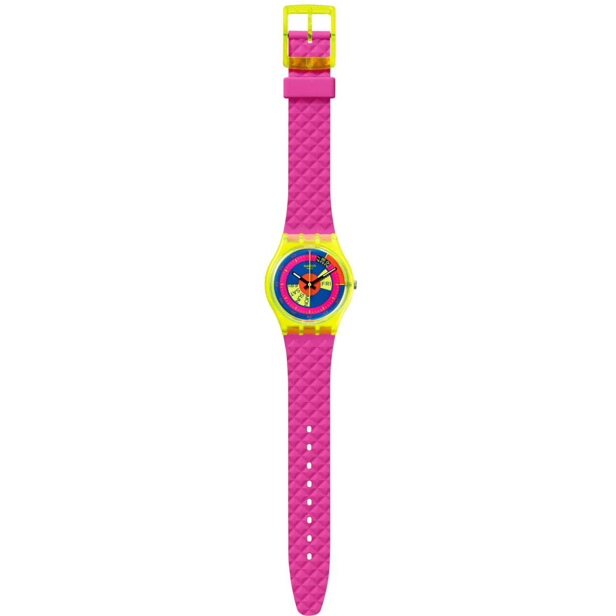 Swatch neon ladies watch: pink textured strap, rainbow dial, yellow-toned case