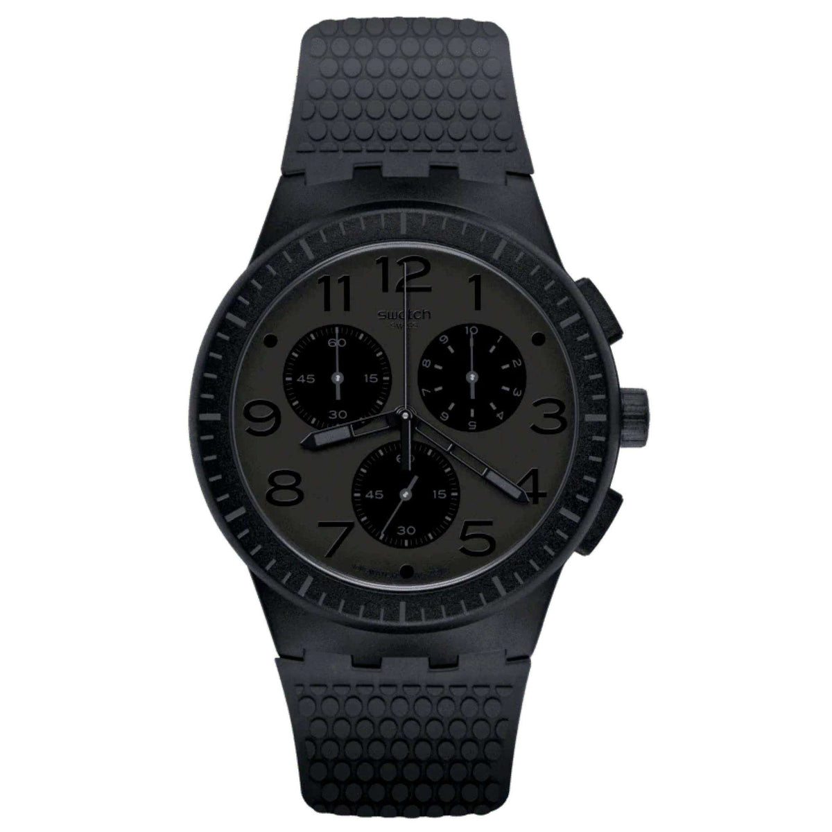 Men's black Swatch wristwatch with textured silicone strap and round chronograph dial
