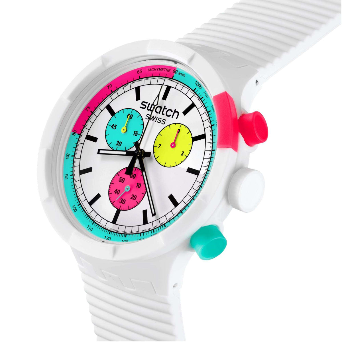 Ladies quartz watch close-up: white case, multicolor dial with teal and pink accents