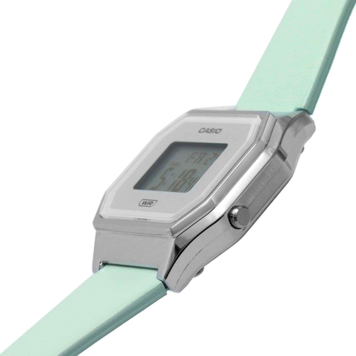 Mint green silicone watch strap with silver case and digital display window, side view