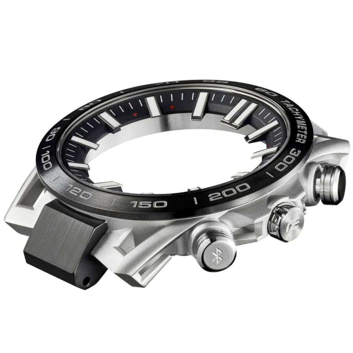 Stainless steel watch case close-up with black tachymeter bezel, pushers and crown