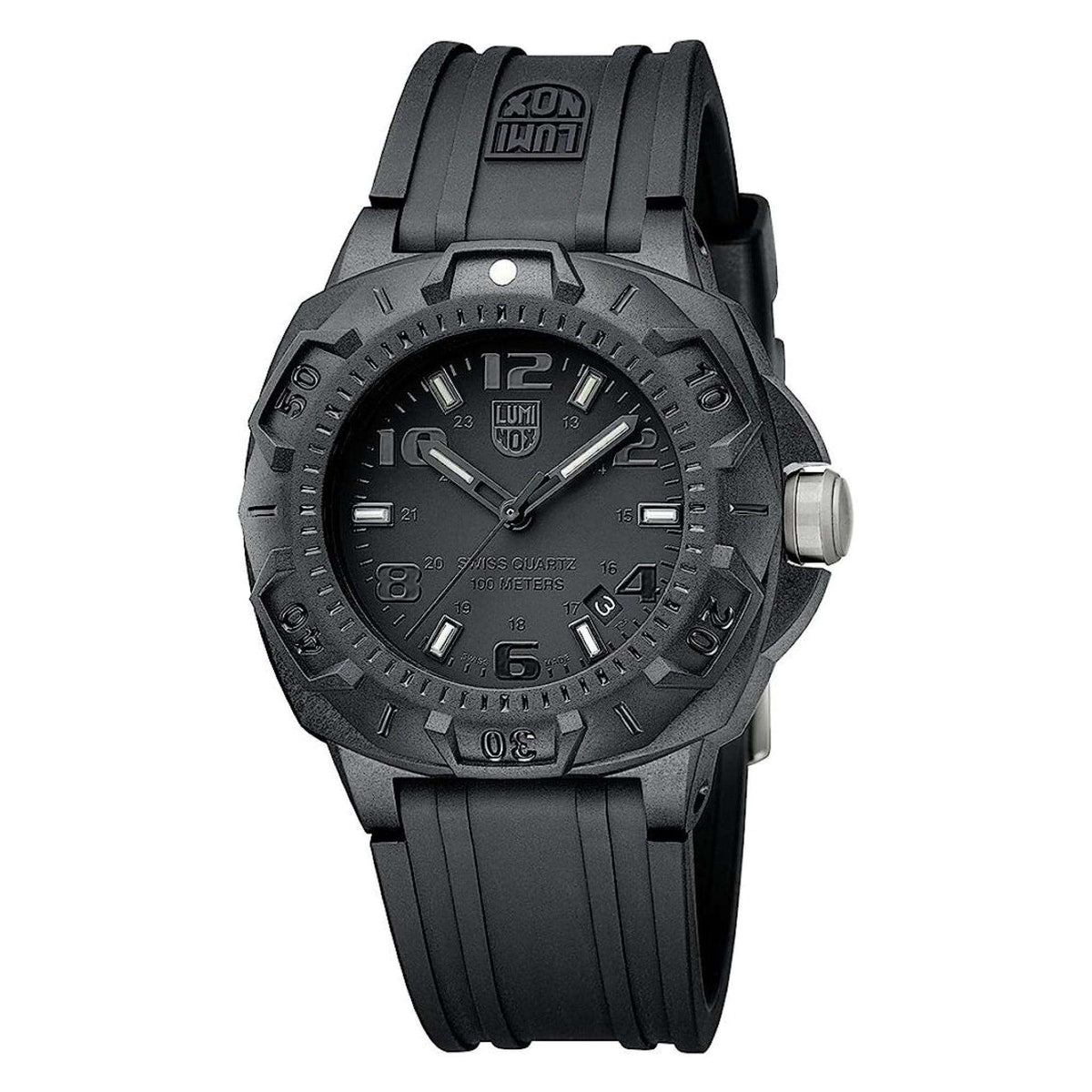 Men's black dial rubber strap sports watch with raised bezel and minute markers