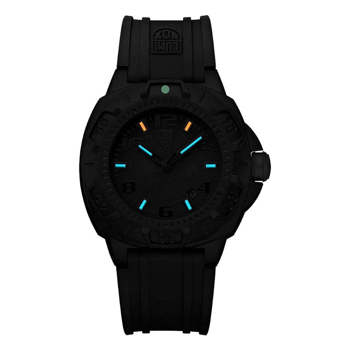 Men's black dial rubber strap watch with glowing blue markers and hands