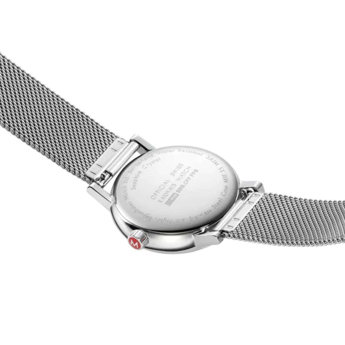 Mondaine Evo2 watch case back with engraving, steel mesh band, silver buckle clasp
