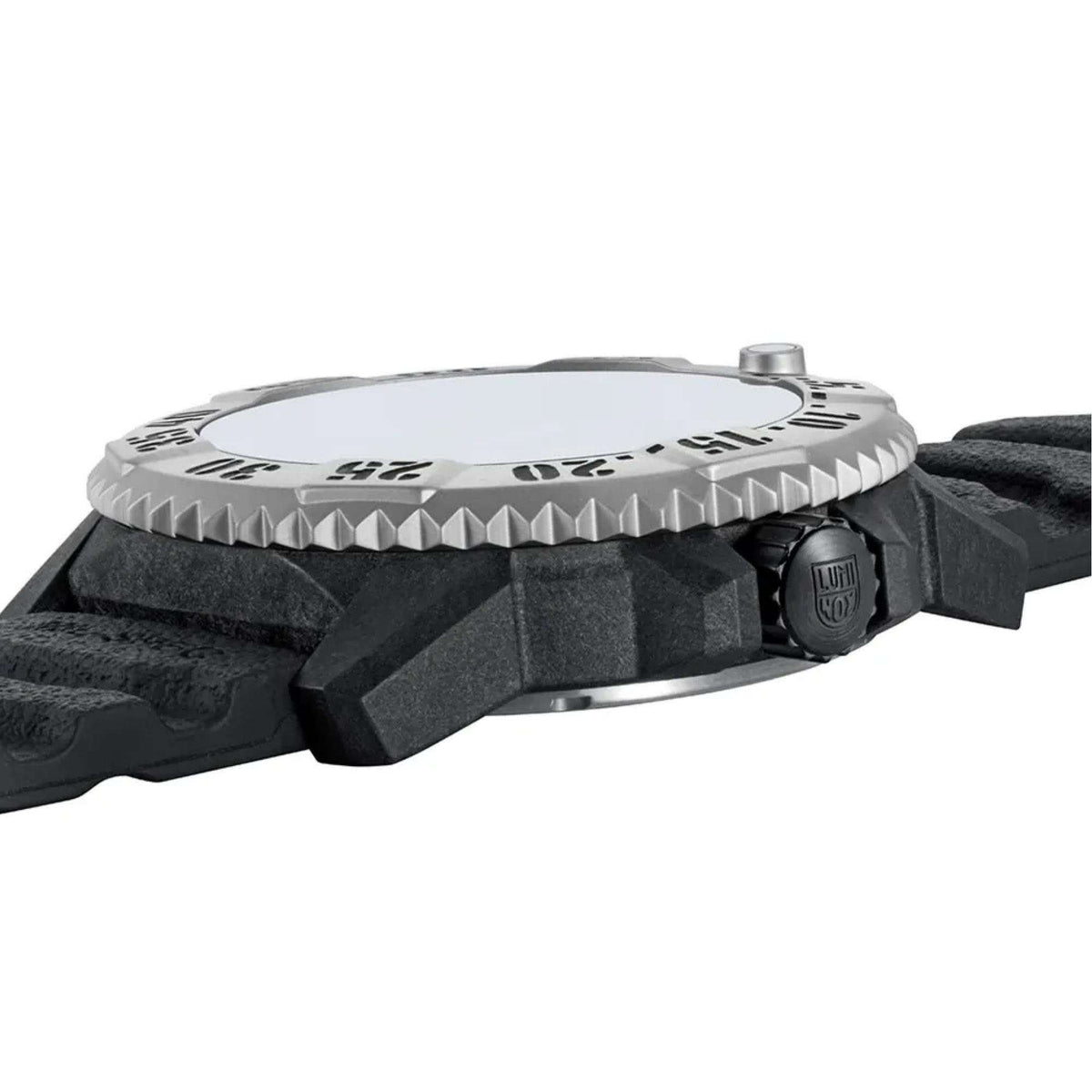 Luminox MIL-SPEC quartz watch top view with textured bezel and black strap