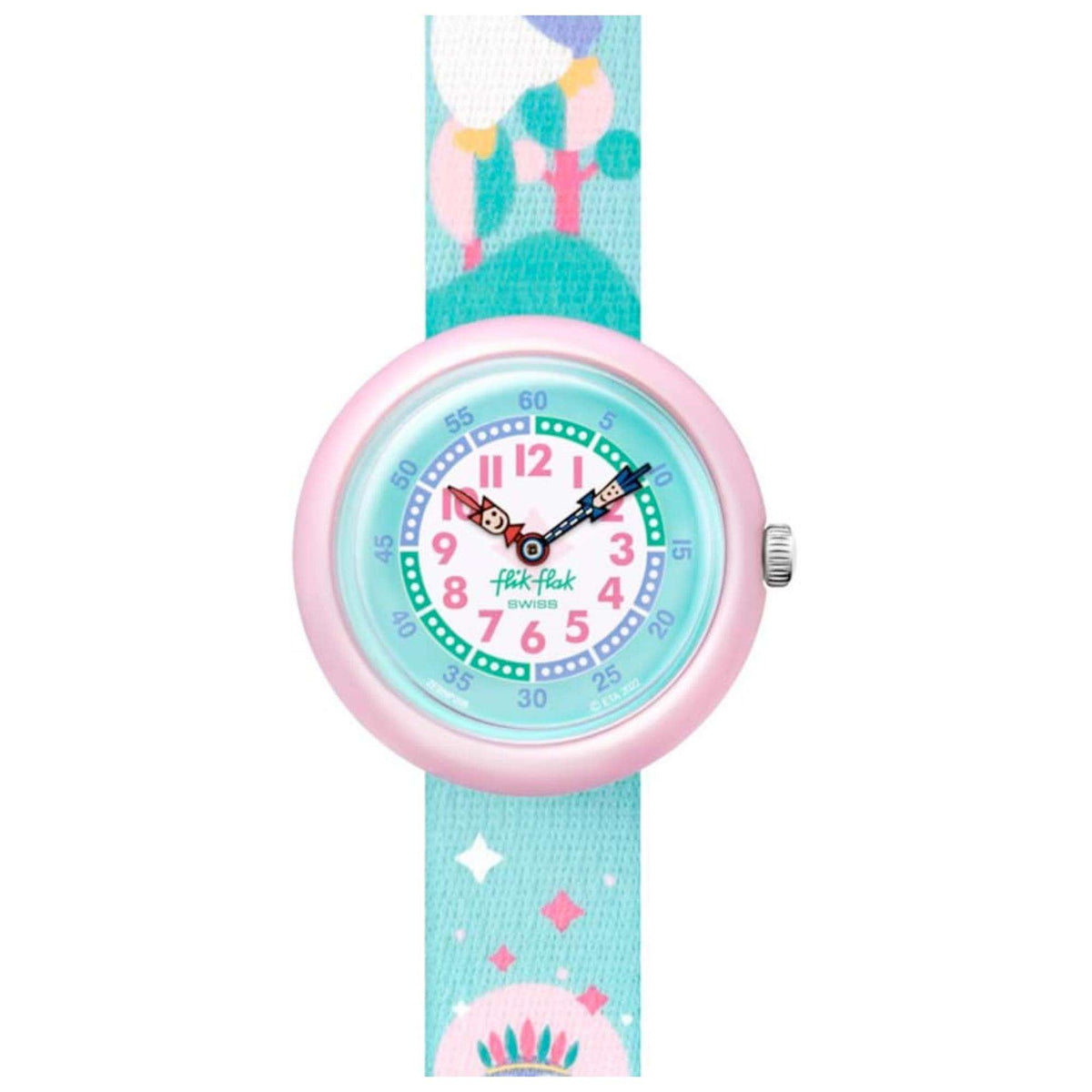 Kids analog wristwatch with pink bezel and light blue fabric strap, rainbow unicorn dial