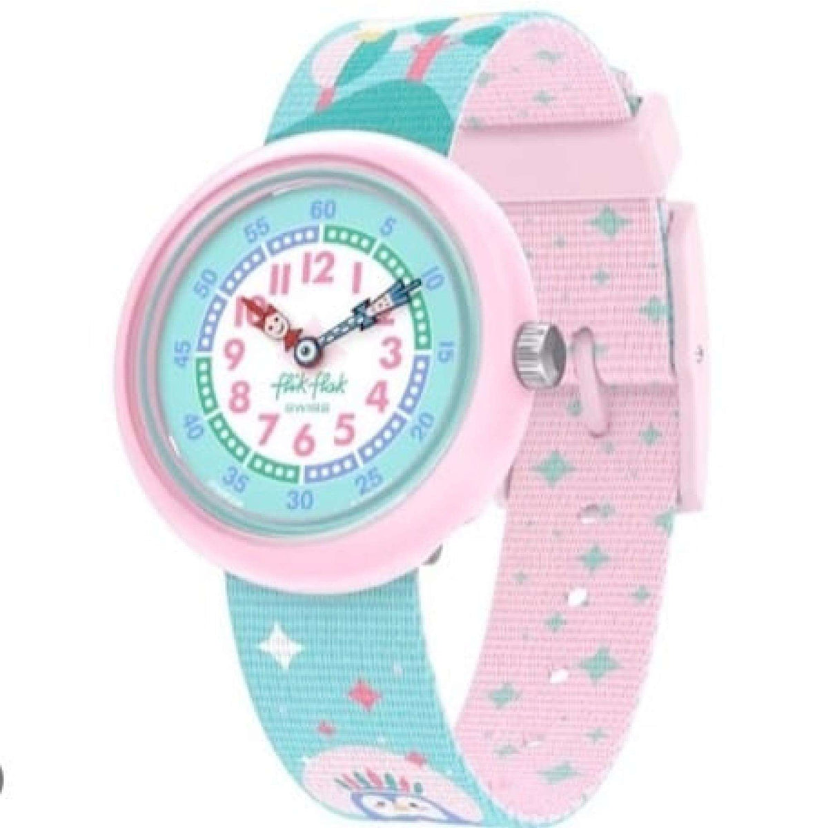Kids analog wristwatch with pink bezel and two-tone fabric straps, unicorn face dial