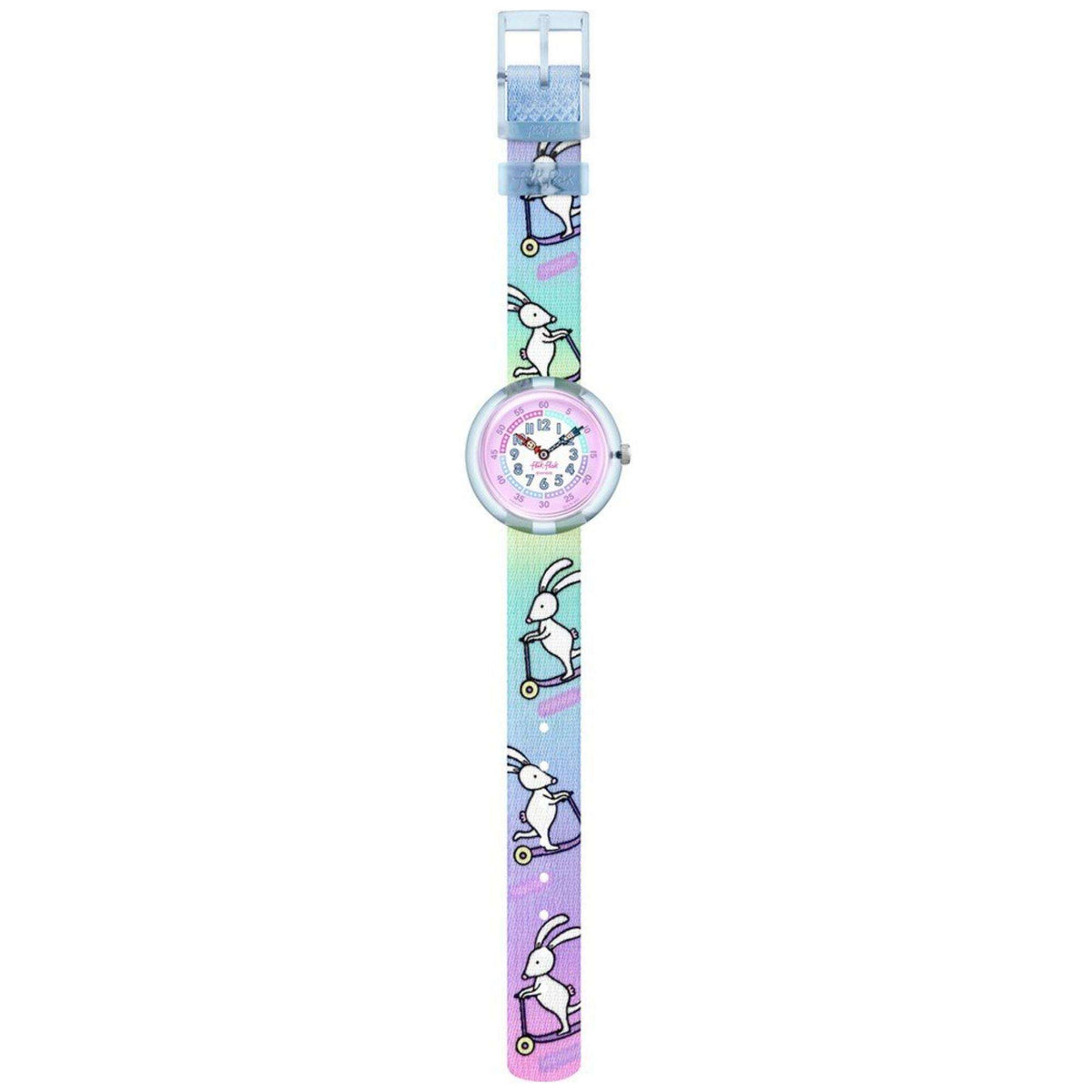 Kids wristwatch with bunny-pattern strap and round pink-lilac face; side view