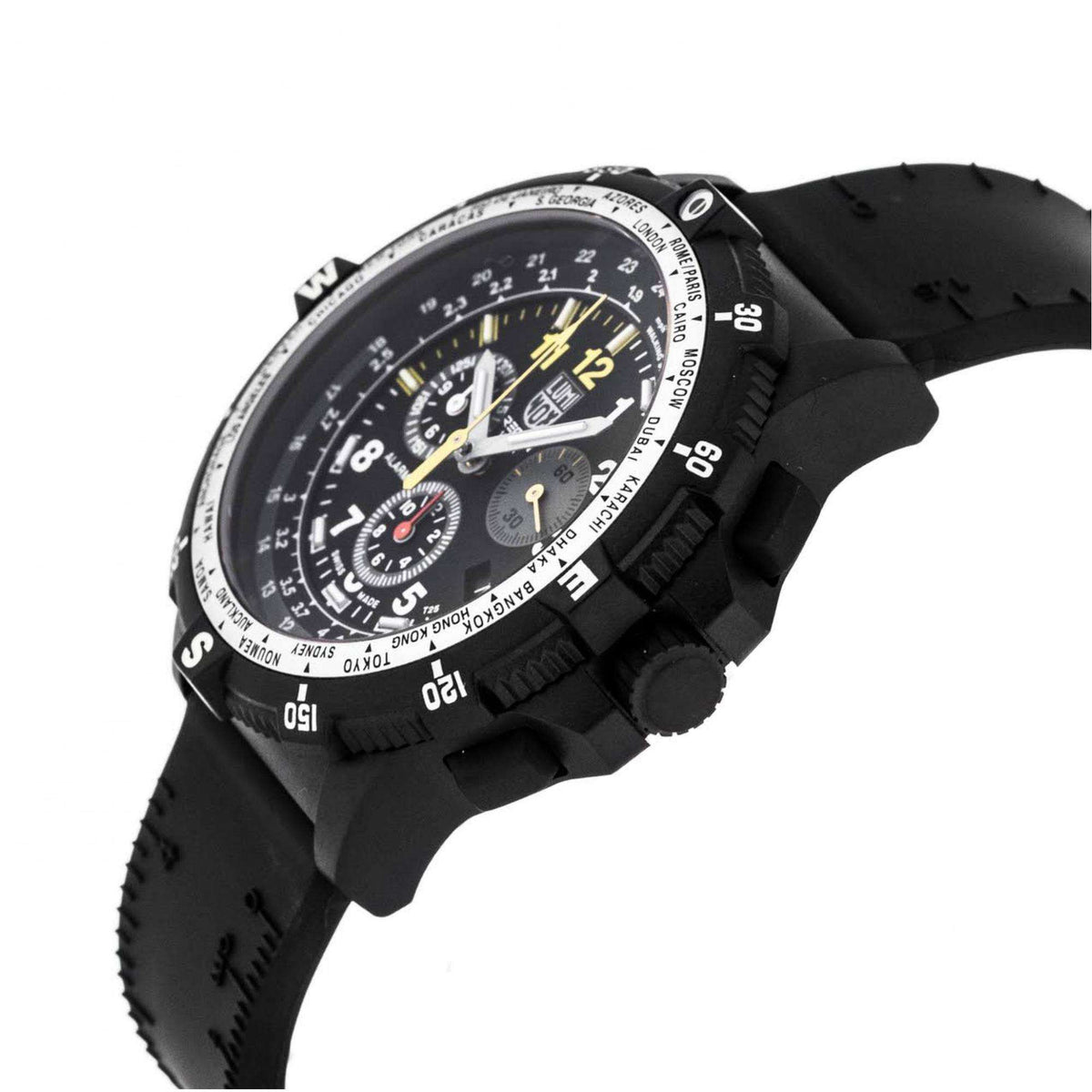 Men's black chronograph wristwatch with black dial, three subdials, black silicone strap