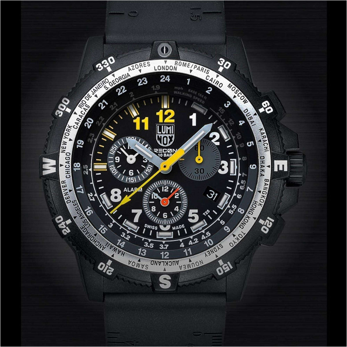 Black chronograph wristwatch with black dial, three subdials, black silicone strap