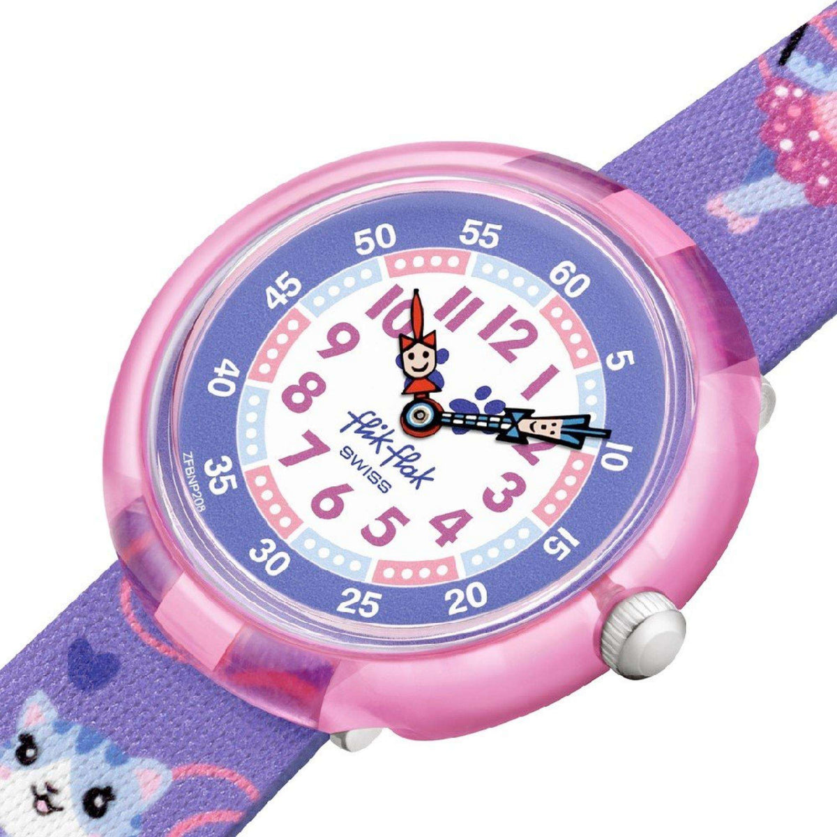 Flik Flak kids watch close-up: purple strap, cat-and-rocket dial, pink round case and crown