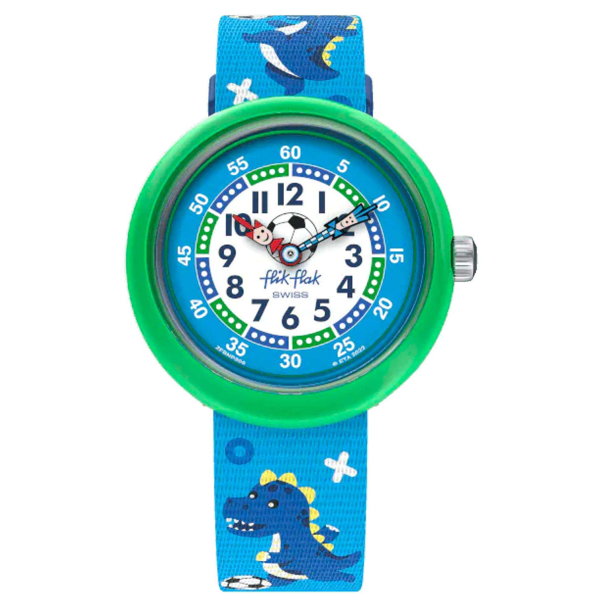 Flik Flak kids sport watch with green bezel and blue dino-pattern strap