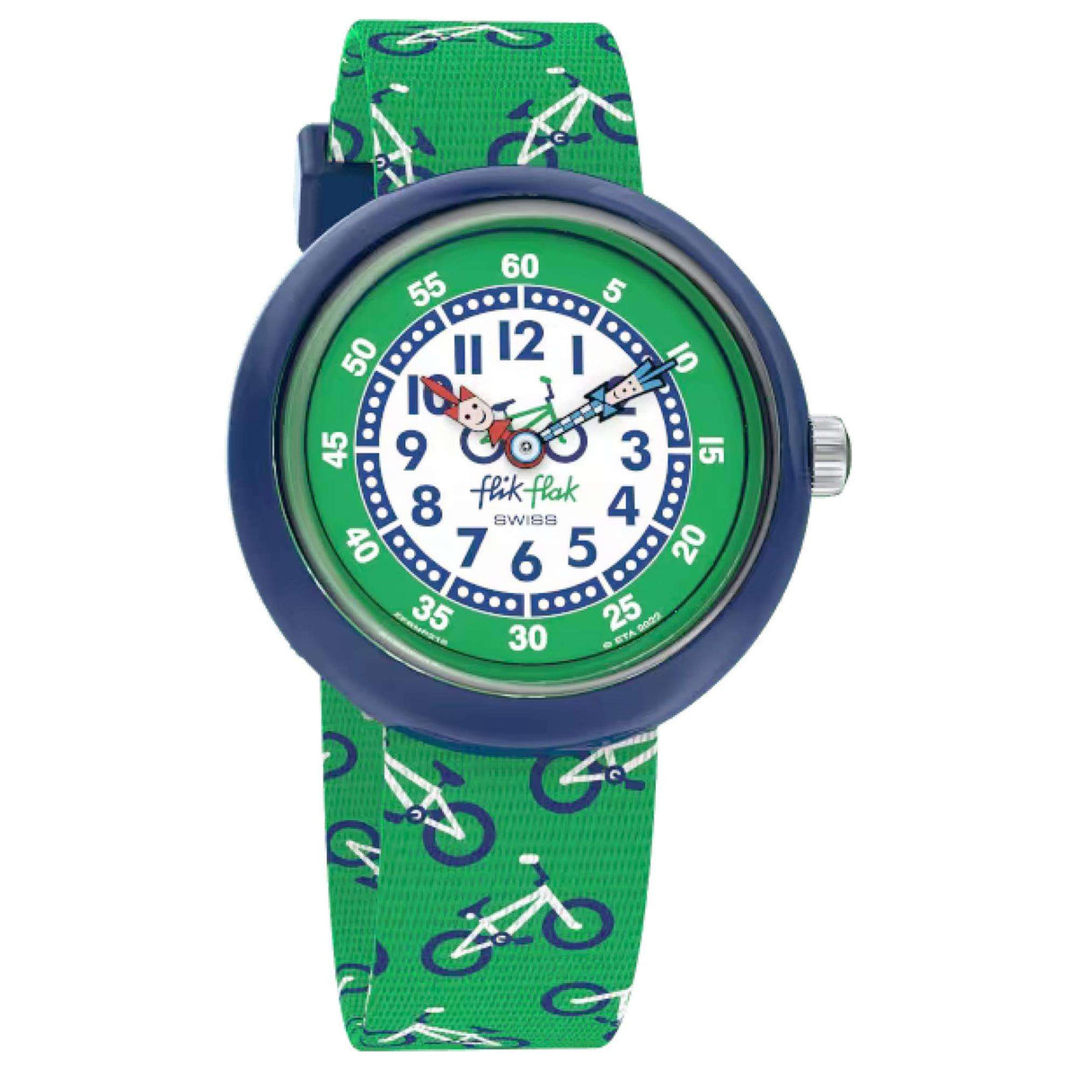 Flik Flak kids watch with green bicycle-pattern strap and round blue dial