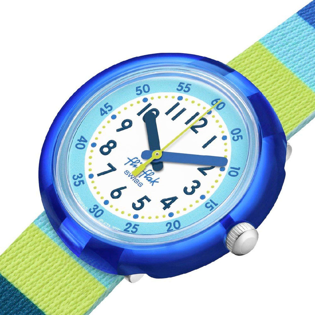 Kids strap watch with blue bezel and light green/blue striped fabric strap.