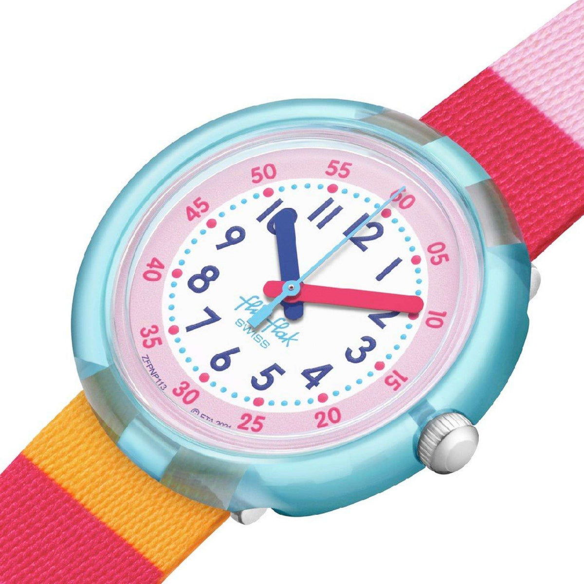 Kids watch close-up: white dial with blue numerals, pink hands, and striped strap