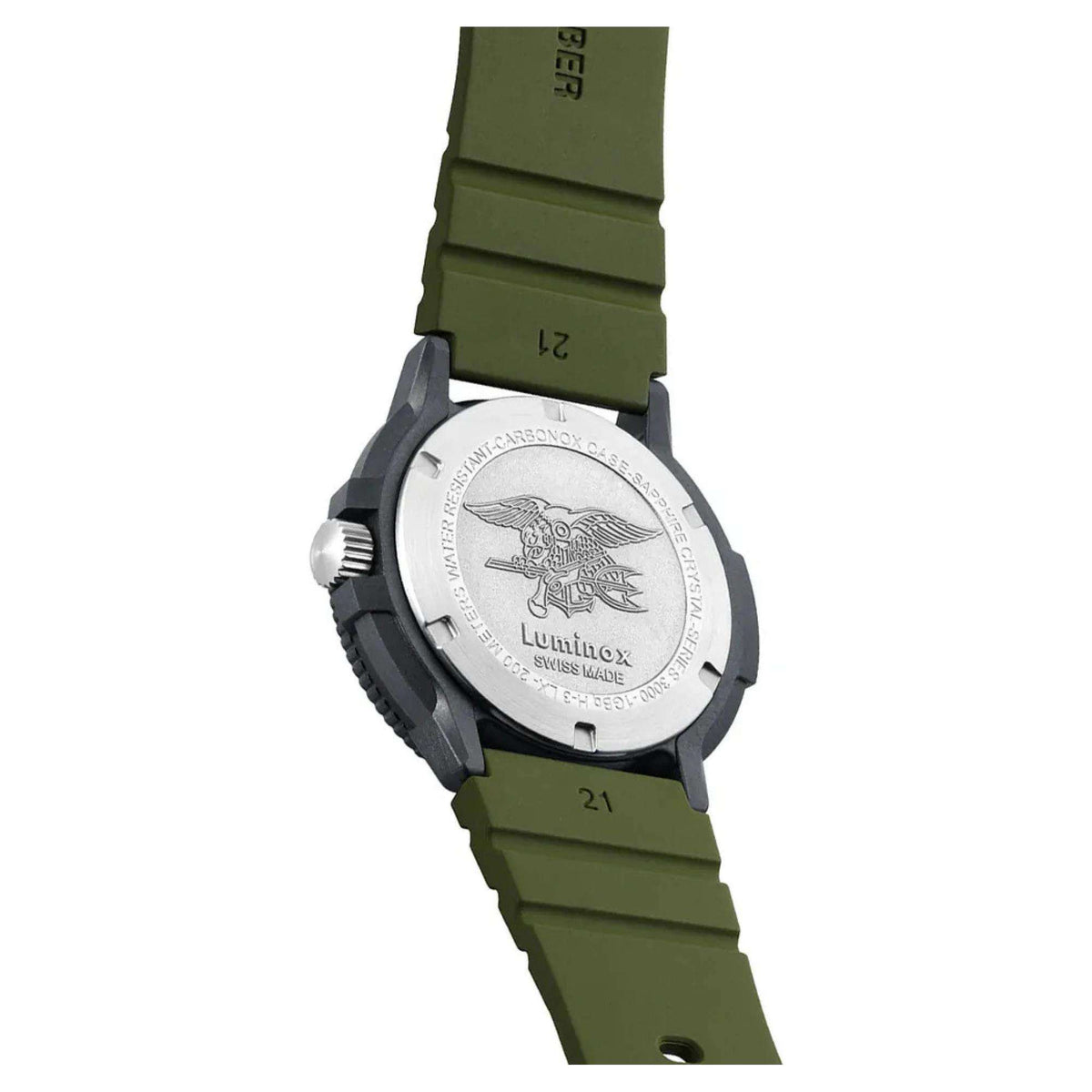 Diver quartz watch caseback with eagle engraving on olive rubber strap