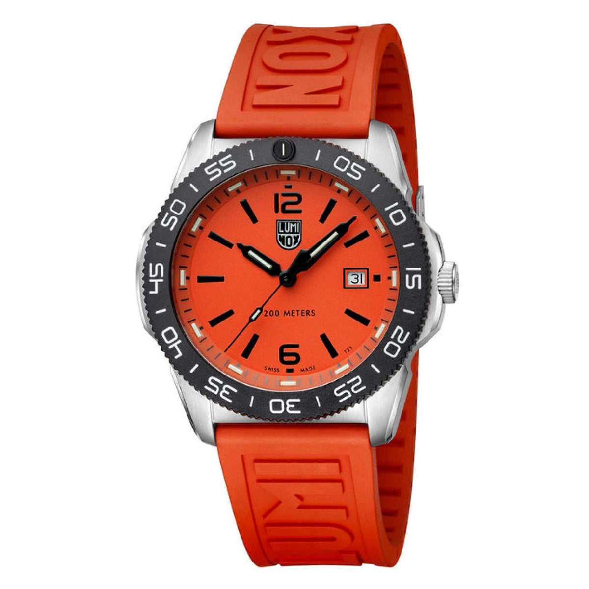 Orange dial diver watch with black bezel, silver case, and orange silicone strap, date window