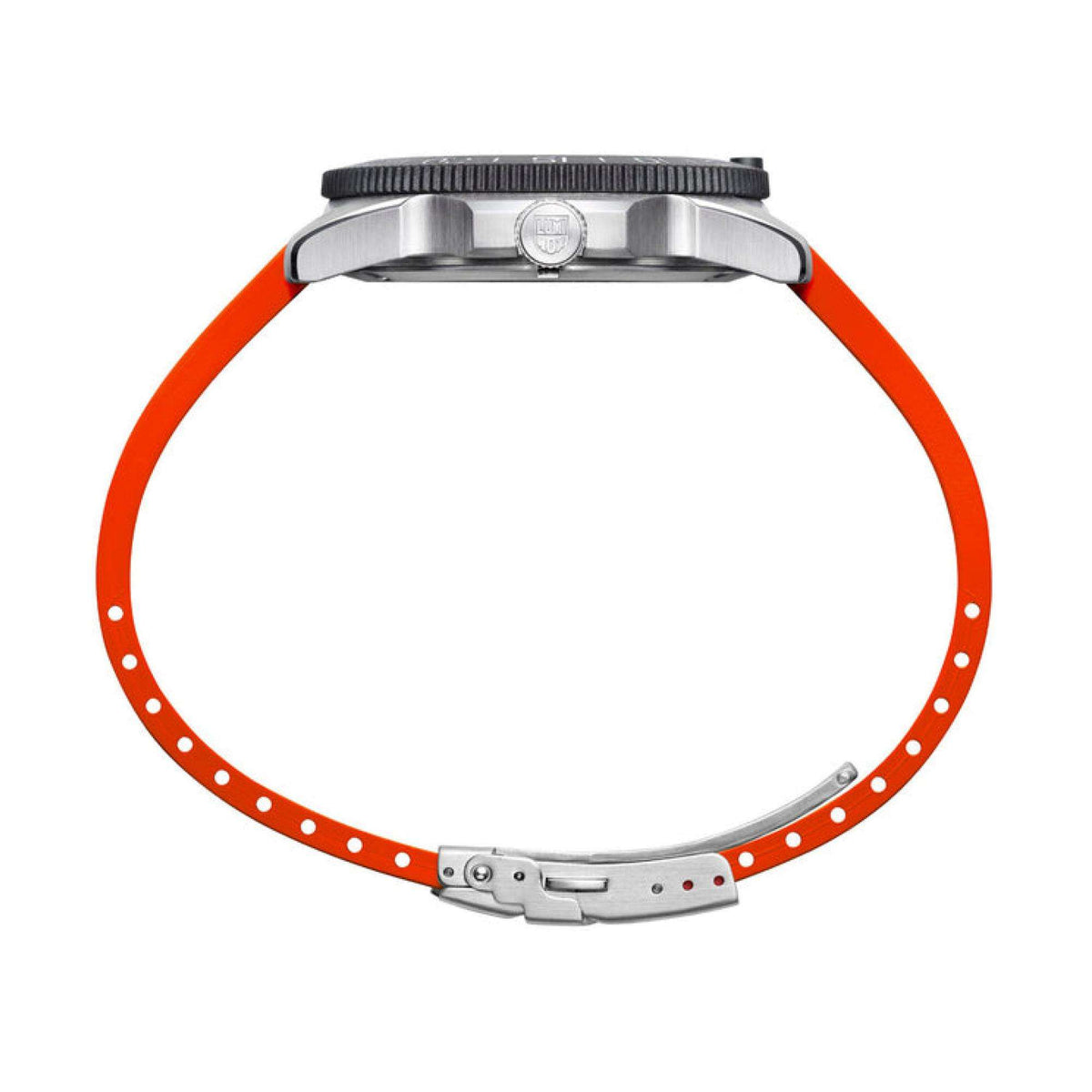 Diver watch top view with black textured bezel, silver case, and orange rubber strap