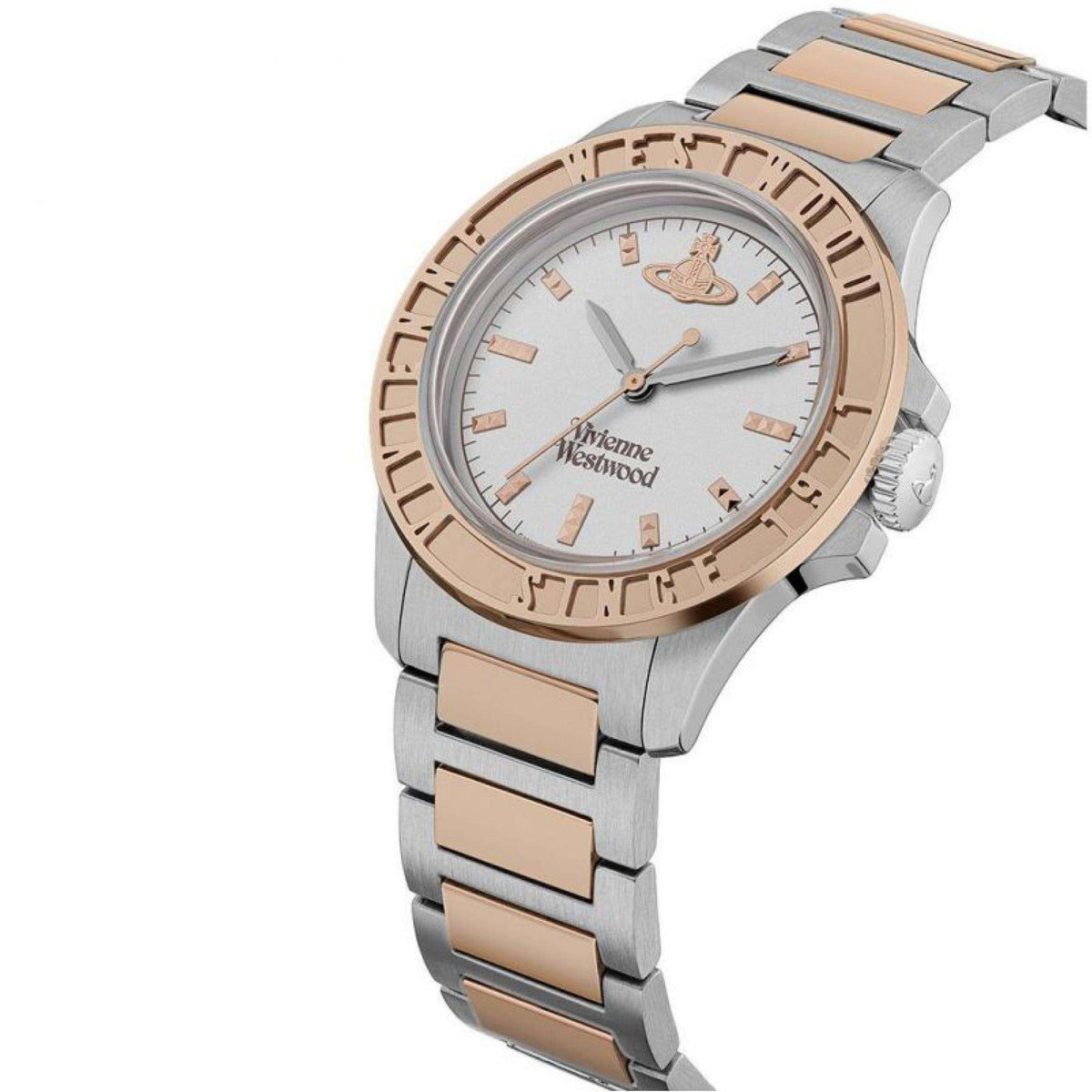 Sunbury quartz watch side view with rose-gold bezel and steel link bracelet
