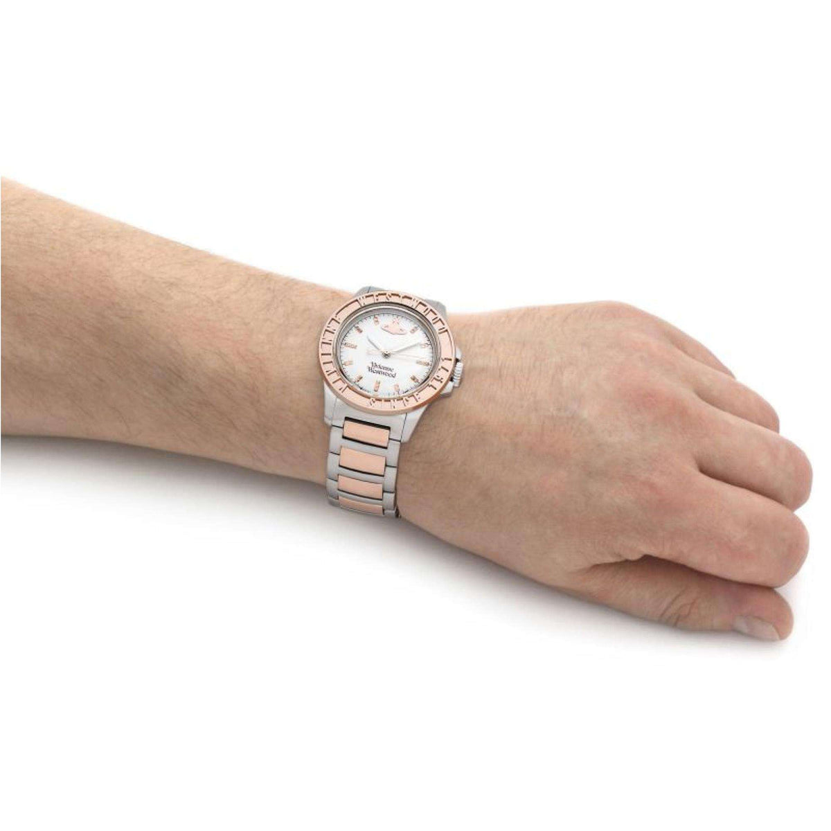 Sunbury quartz watch on wrist with white dial and two-tone metal bracelet