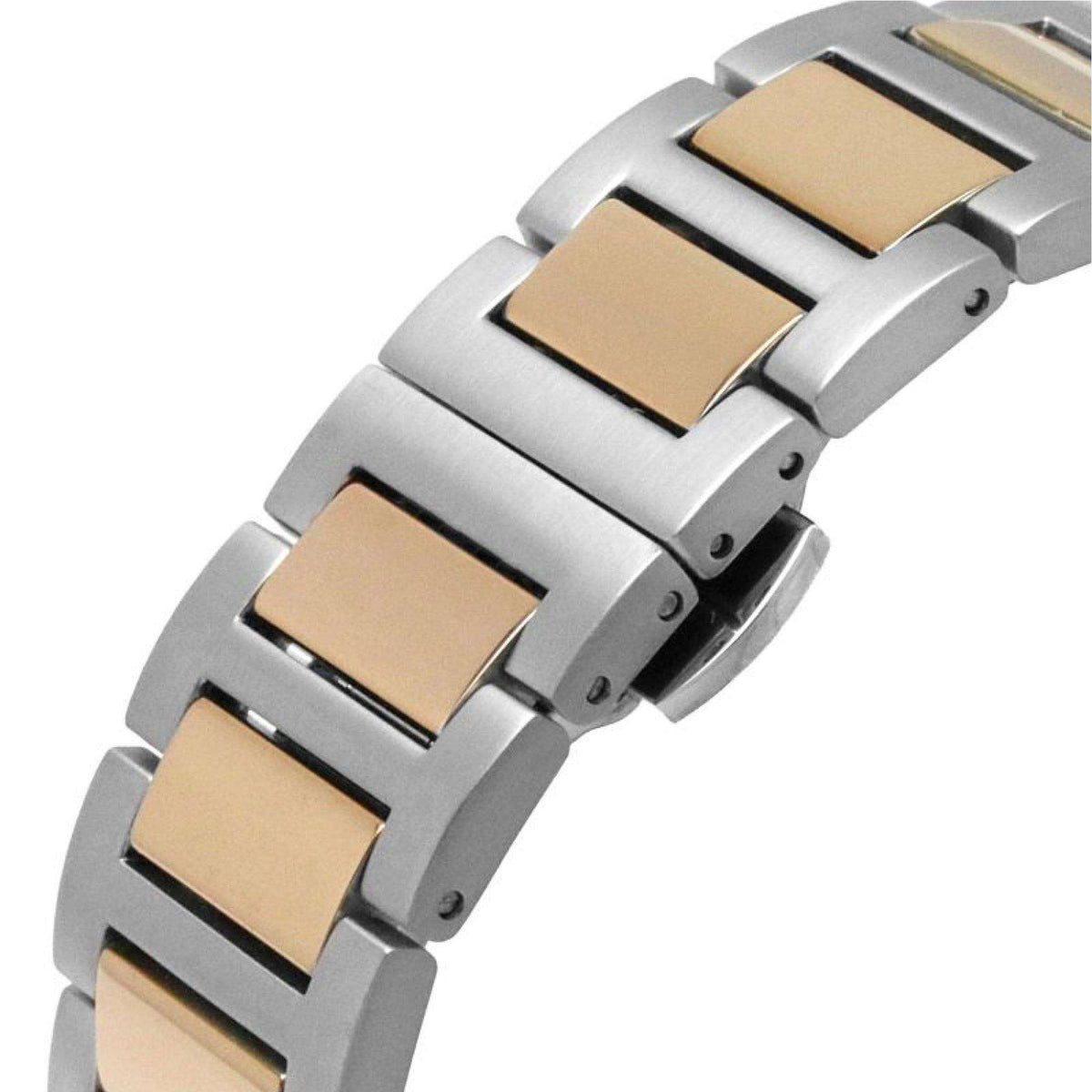 Sunbury quartz watch bracelet detail with alternating brushed steel and gold-toned panels