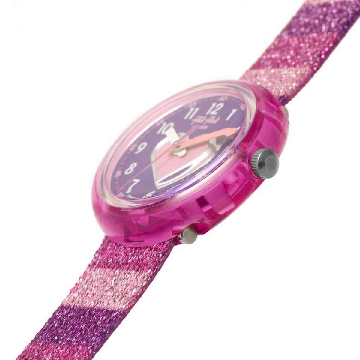 Flik Flak child's purple glitter watch face with heart design and pink bezel