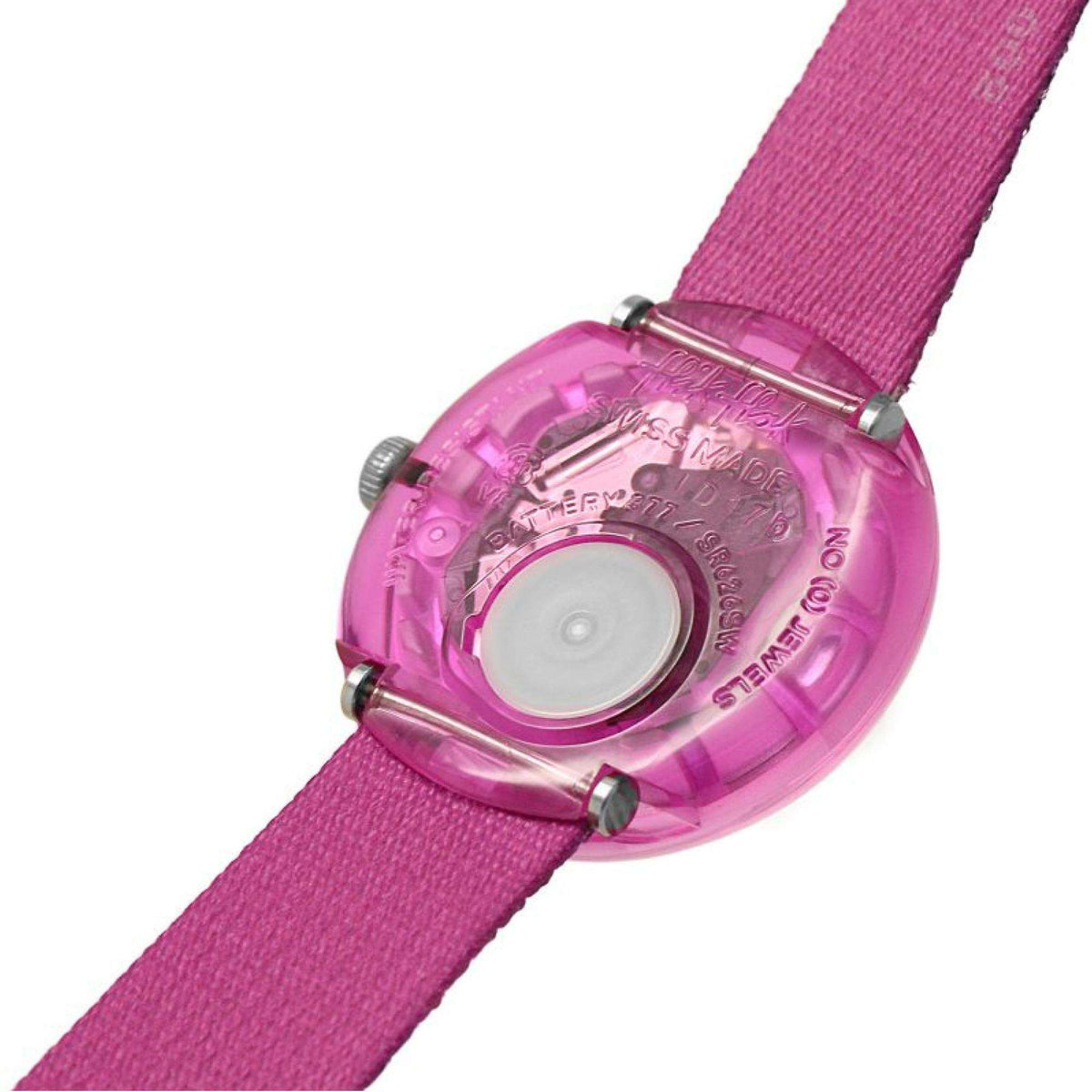 Flik Flak child's clear case-back purple wristwatch with fabric strap
