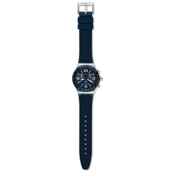 Men's blue chronograph watch on dark blue fabric strap, silver case, date window