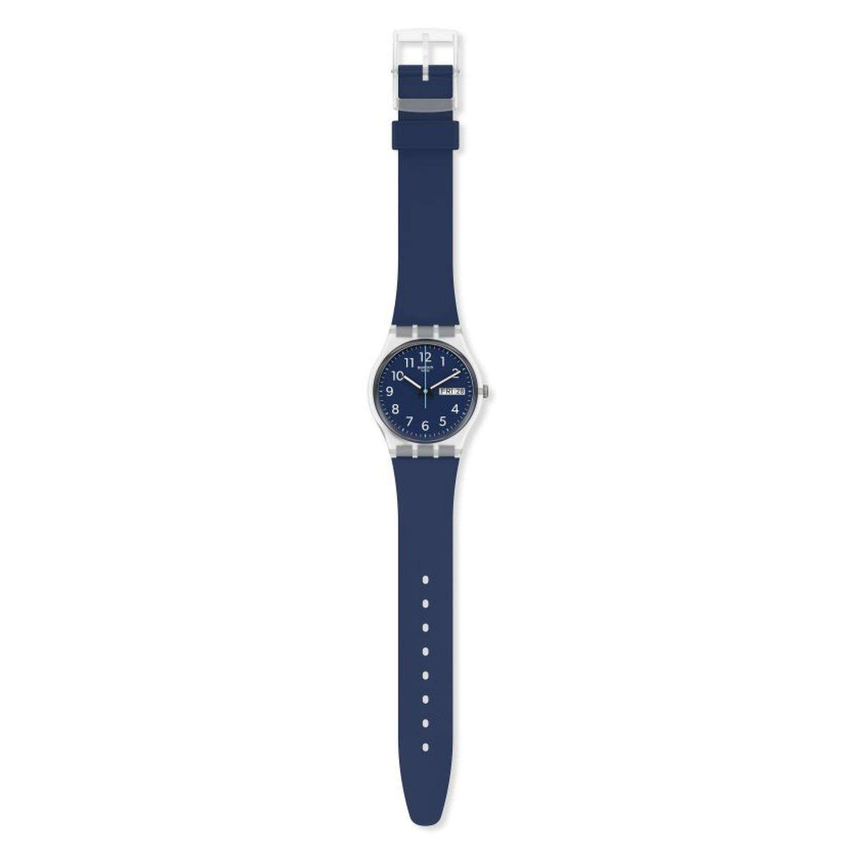 Navy blue dial wristwatch on dark-blue strap with silver case and small crown