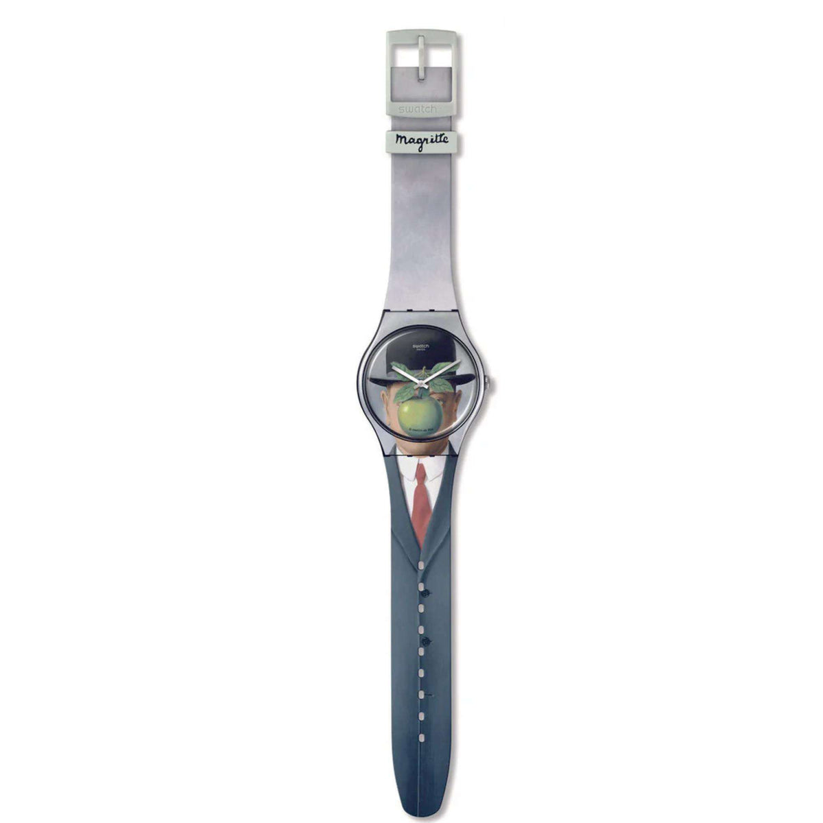Swatch wristwatch shown vertically with art dial and light gray adjustable strap